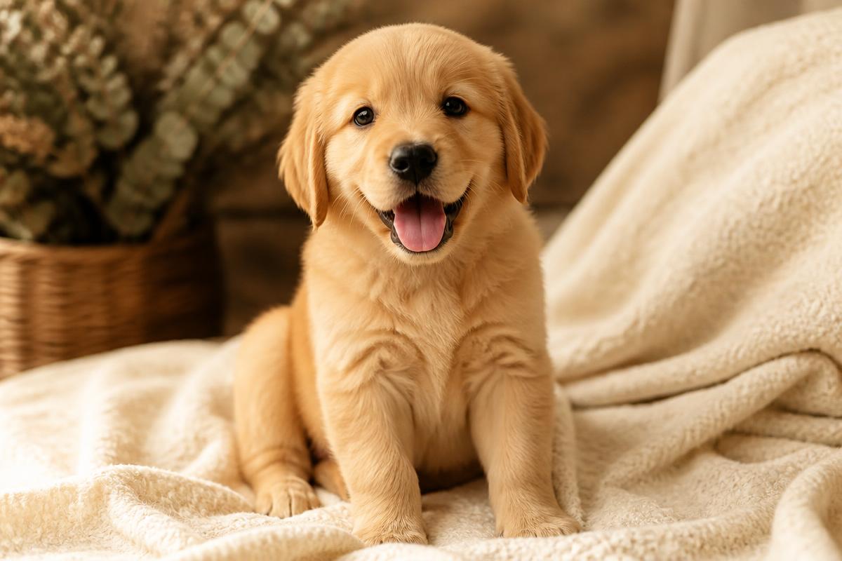 A happy golden retriever puppy ready for a new home